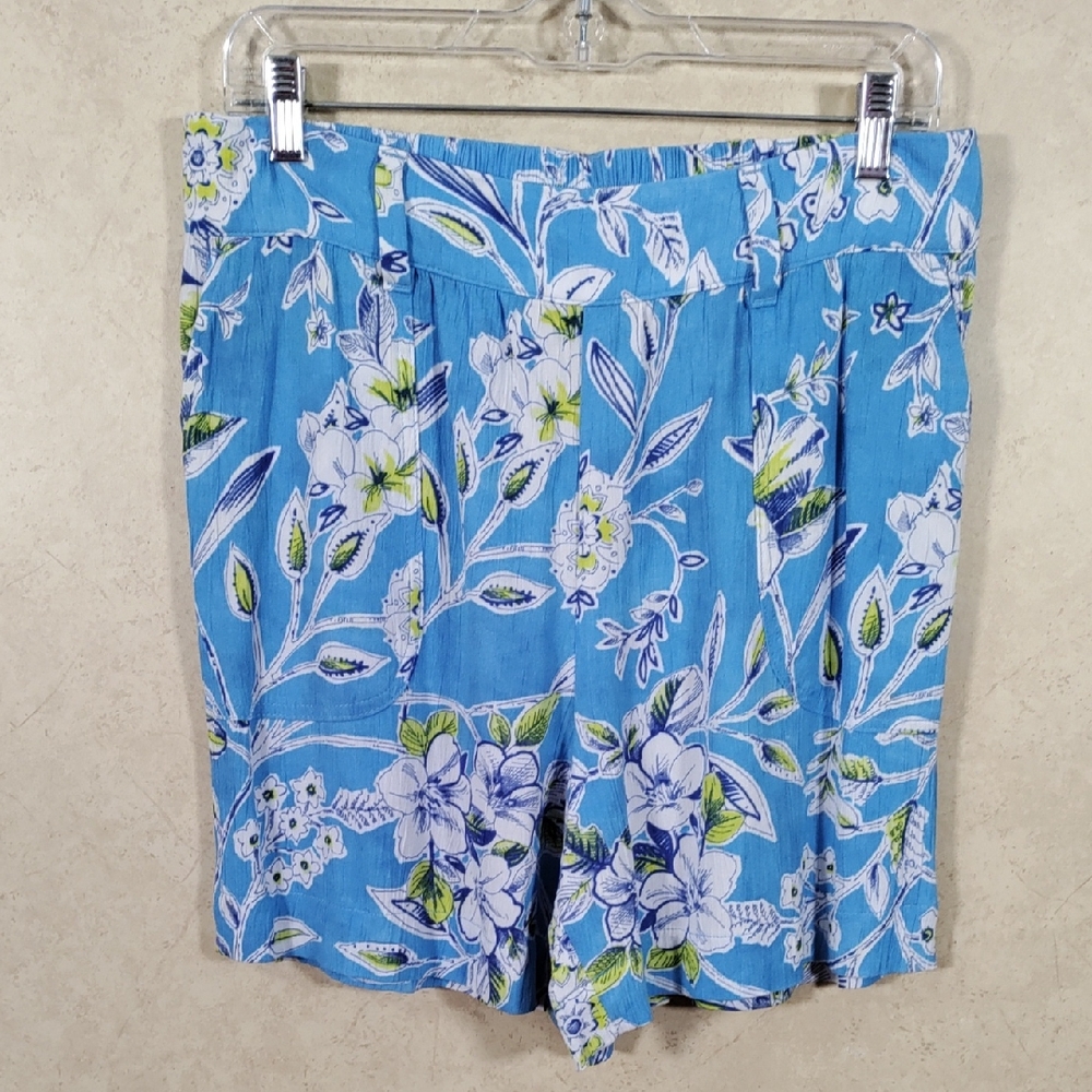 H158 Talbots blue with green & navy floral crinkle shorts M NEW
